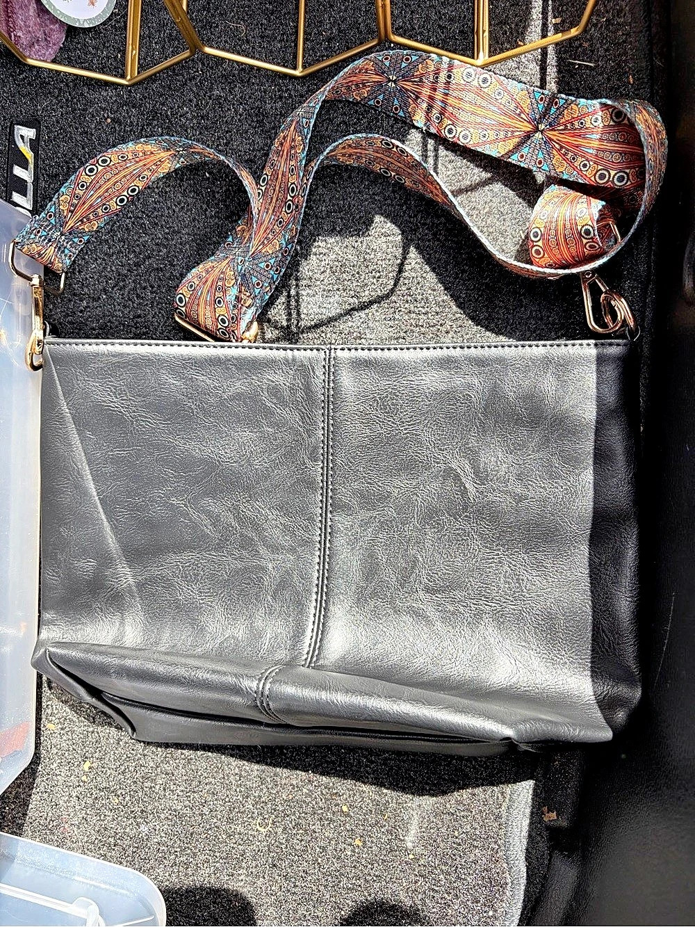 Faux Black Leather Tote Bag with Patterned Guitar Strap